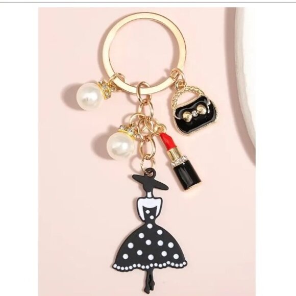 Retro Lady Lipstick Purse Sparkly Pearls Keychain - Picture 1 of 2